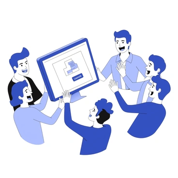 A group of excited team members is gathered around a computer. They are all looking intently at the screen as they prepare to launch their new product online. The computer displays a vibrant product page with a prominent "Launch" button. The individuals show a range of expressions, including smiles and looks of anticipation. Some team members are giving high-fives, while others are gesturing towards the screen. The scene captures a sense of collaboration and enthusiasm.