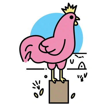 A proud rooster with vibrant red feathers stands tall on a wooden fence post. He is wearing a tiny golden crown perched atop his head. His bright yellow beak is open slightly as if he is crowing. The background features a grassy yard with a few scattered wildflowers, and in the distance, a barn can be seen under a clear blue sky. The rooster's keen eyes are focused forward, surveying his domain with a sense of authority.