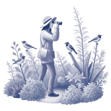 A birdwatcher is standing in a lush garden, intently observing birds through a pair of binoculars. The birdwatcher is wearing a wide-brimmed hat and a comfortable outfit suitable for outdoor activities. Surrounding them are various plants, flowers, and trees, creating a dense and vibrant atmosphere. The birdwatcher has a notebook and pencil tucked into a pocket, ready to jot down observations. In the foreground, a few birds are perched on branches, showcasing their unique shapes and details. The overall setting conveys a sense of exploration and connection with nature.
