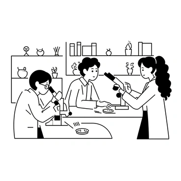 A group of three students is standing at lab tables in a biology laboratory. One student, wearing glasses and a lab coat, is adjusting the focus of a microscope. Another student, with curly hair and a light shirt, is looking into a microscope with a notebook open next to them, jotting down observations. The third student, with long hair tied back, is holding a petri dish containing various plant samples and pointing to them while discussing with the other two. The lab is equipped with shelves filled with biology textbooks and additional lab equipment.