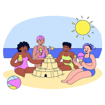A beach scene featuring a group of friends wearing colorful swimsuits. One friend is constructing a detailed sandcastle with a flag on top, while another friend is holding a large ice cream cone with two scoops. The sun is shining brightly in the blue sky, and a beach ball lies nearby in the sand. The friends are smiling and laughing, enjoying their fun day together at the beach.