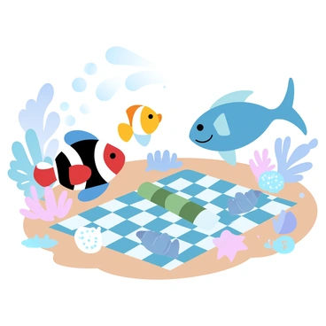 A family of fish is gathered together on a sandy ocean floor for a picnic. The fish include a large, vibrant clownfish, a smaller bright yellow tang, and a sleek bluefish. They are surrounded by colorful coral formations and playful seaweed. A checkered picnic blanket is spread out, adorned with various underwater snacks like seaweed wraps and small shells filled with tiny pearls. Nearby, a few playful starfish are lounging on the sand, adding to the joyful atmosphere of the scene. Bubbles are rising from the sandy bottom, creating a sense of liveliness in the underwater setting.