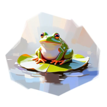 A green frog with glossy skin is sitting quietly on a round lily pad that floats on a smooth, reflective water surface. The lily pad has broad, vibrant green leaves, and small droplets of water can be seen glistening on its surface. The water around the lily pad is calm, creating a serene environment, and the light reflects off the water, enhancing the tranquil setting. The frog's eyes are alert, contributing to its peaceful yet watchful demeanor.