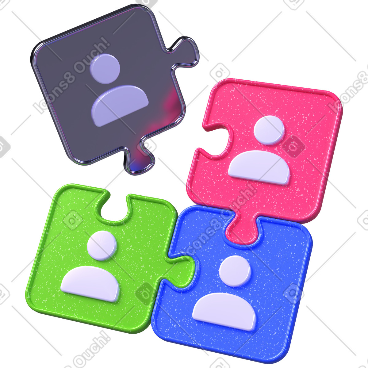 Colorful puzzle pieces with user icons, team collaboration and connection illustration in 3D Boost style download in PNG, SVG