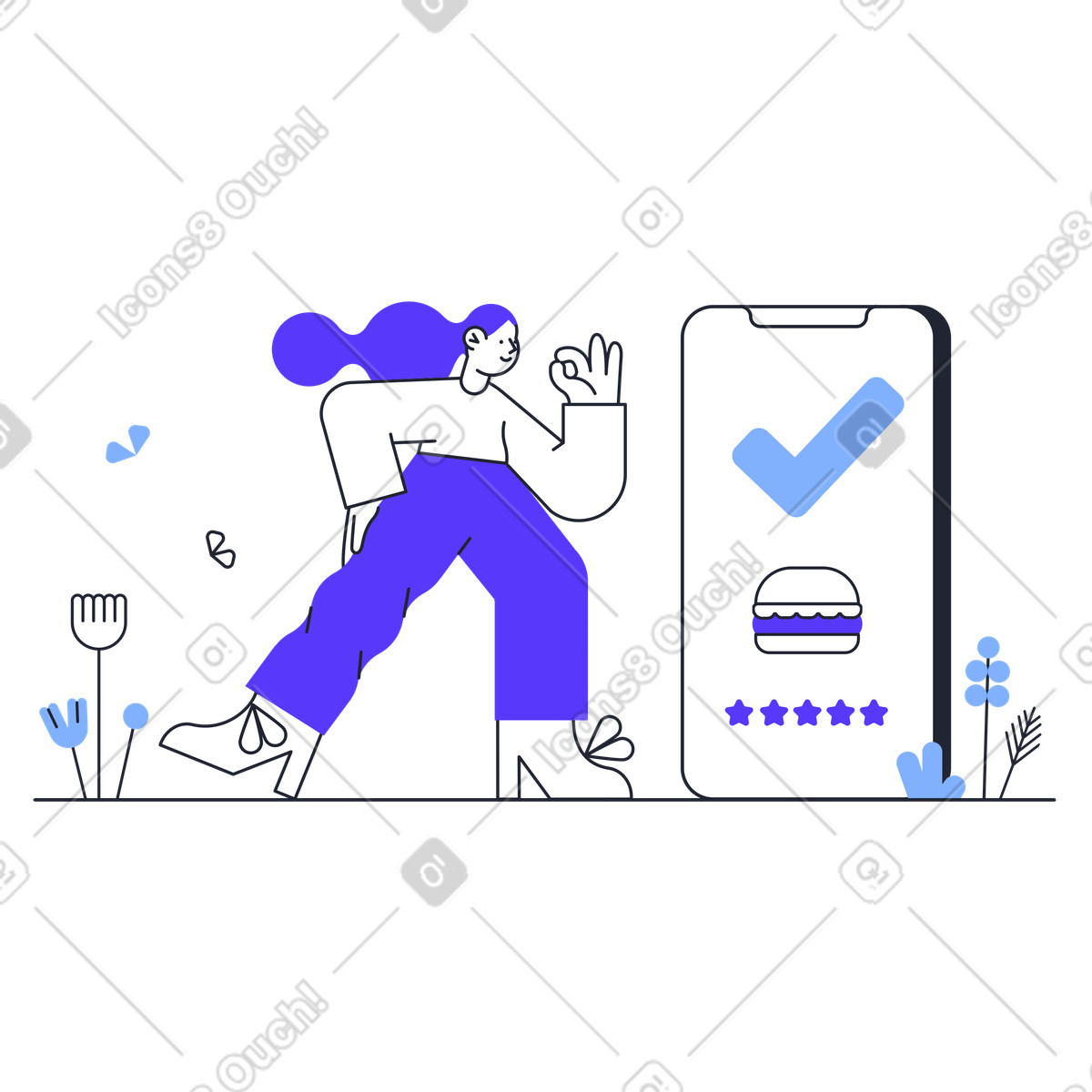 Satisfied girl standing by her cell phone with a burger illustration in Pablita style download in PNG, SVG
