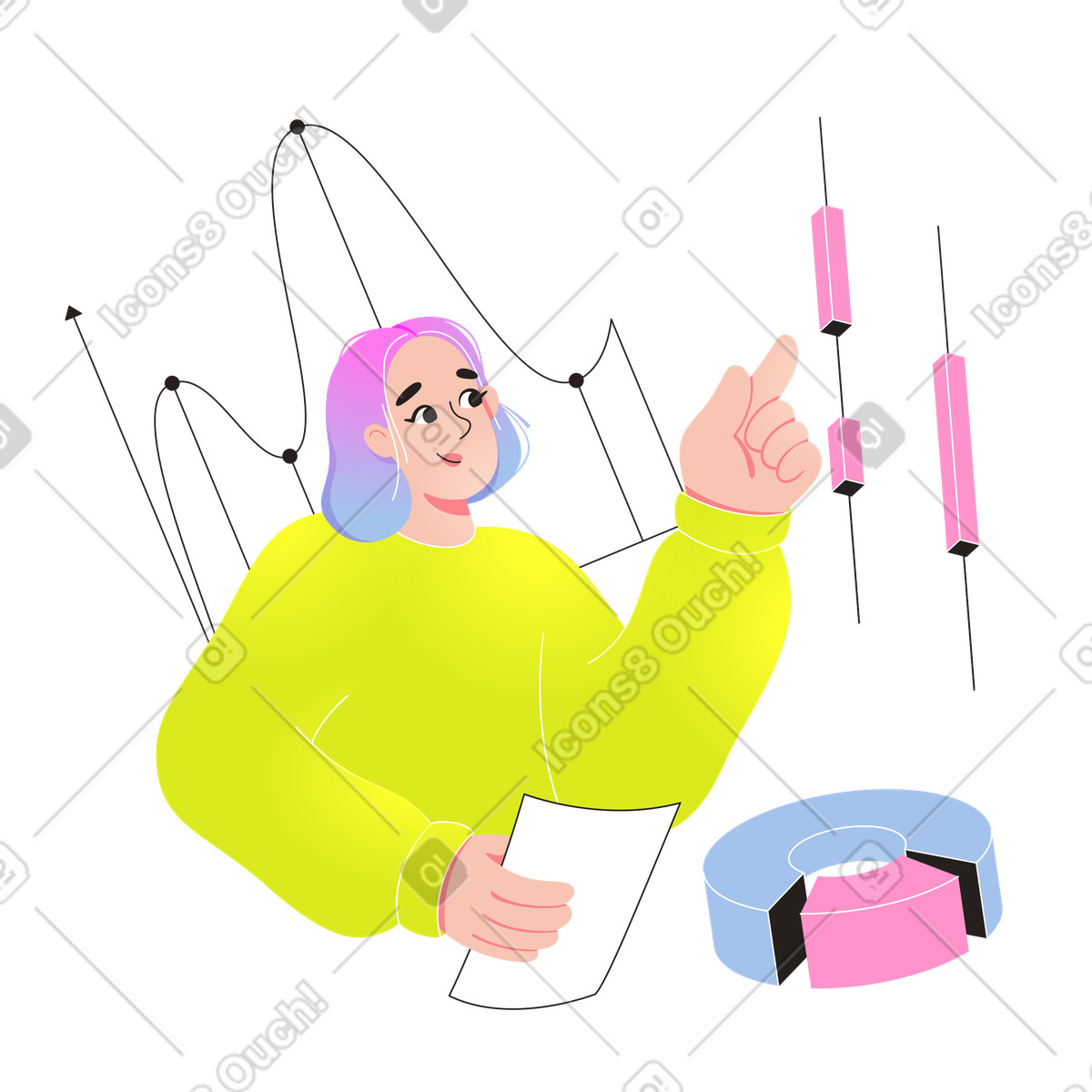 Business analyst reviewing candlestick chart, Financial analysis and reporting illustration in Like style download in PNG, SVG