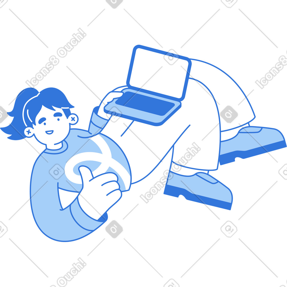 Ilustración Mujer sosteniendo una computadora portátil y mostrando un pulgar hacia arriba en estilo Sky a descargar en PNG SVG