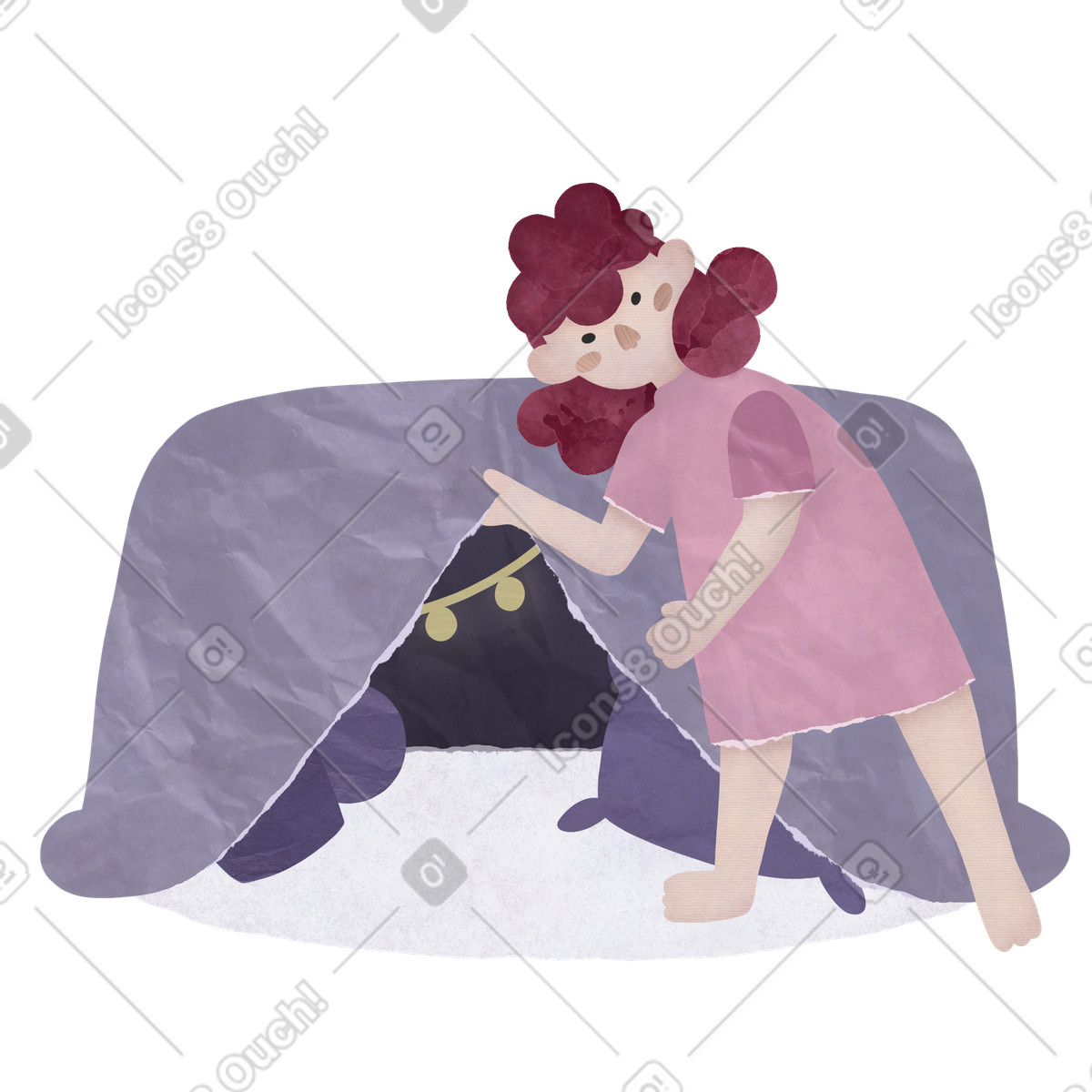 Little girl welcoming into a blanket fort illustration cartoon clipart vector SVG download