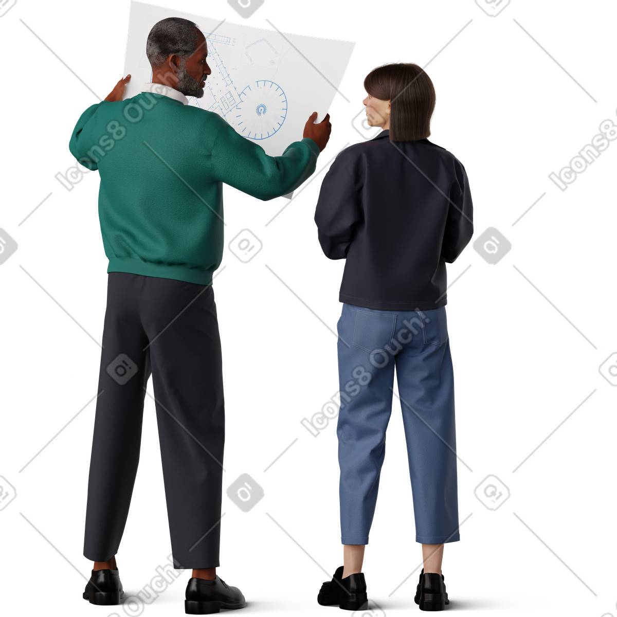 Ilustración Hombre y mujer joven, mirar, plano en estilo 3D Hygge a descargar en PNG SVG