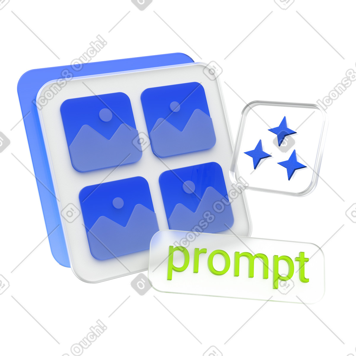 Prompt text with image grid, AI generation or creative tool concept illustration in 3D Enterprise style download in PNG, SVG