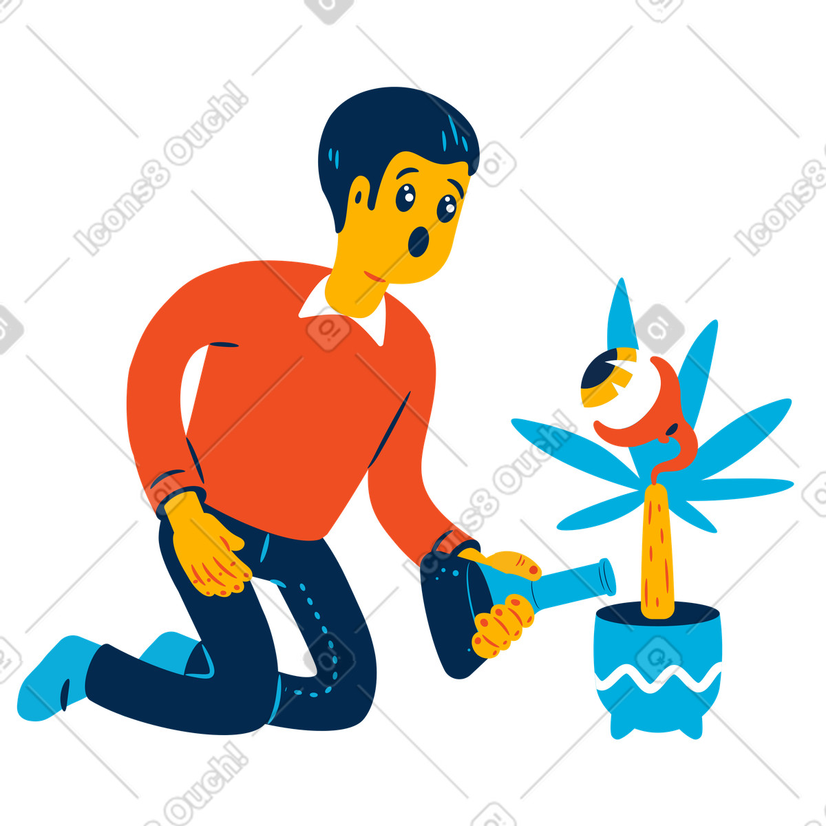 Ilustración Biotecnólogo emocionado fertilizando una planta extraña en estilo Flame a descargar en PNG y SVG