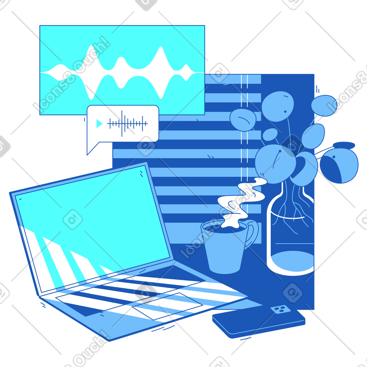 Laptop mit sprachnachricht am fenster animierte Illustration im Storyline-Stil als Download in GIF, Lottie (JSON), AE