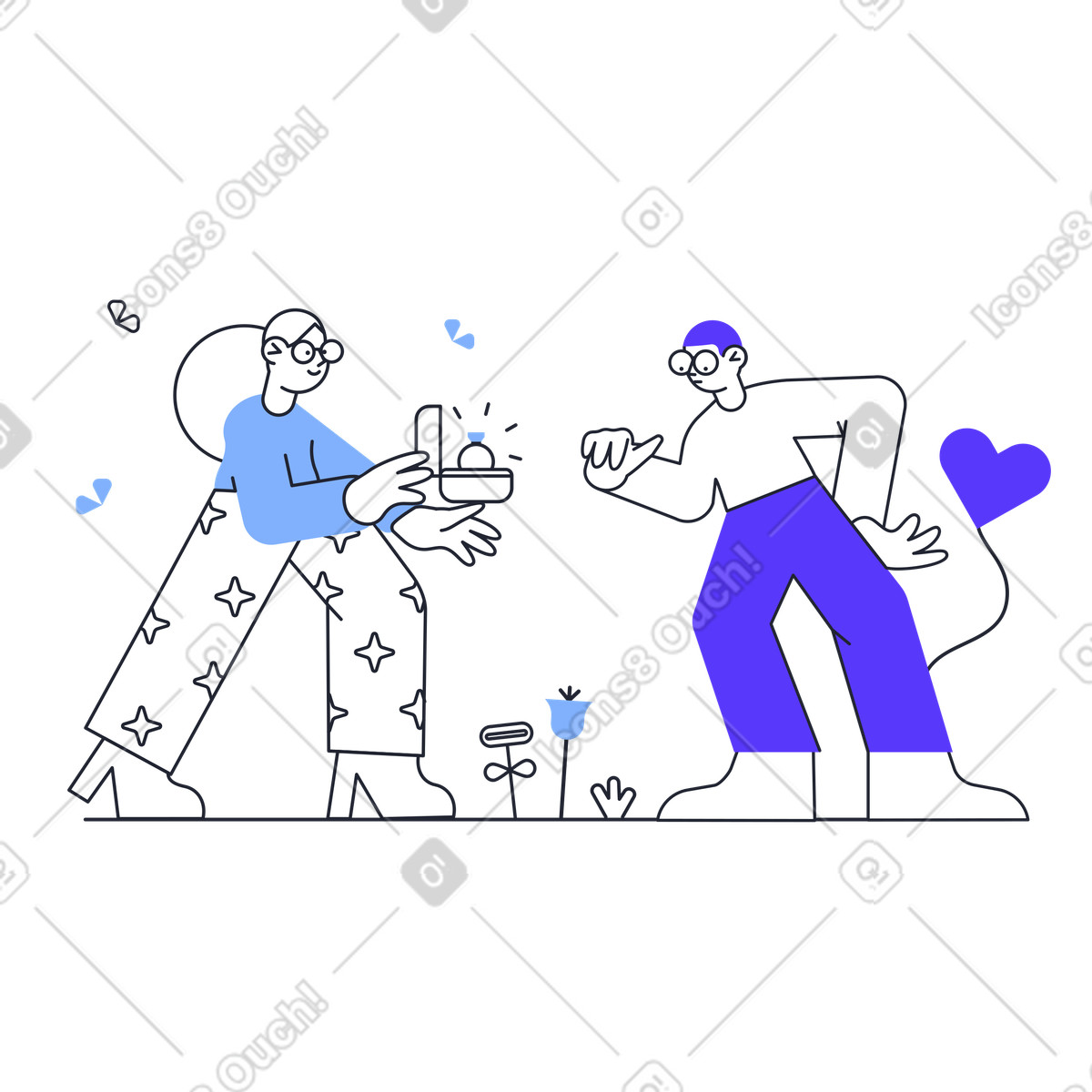 Woman proposing to her boyfriend illustration in Pablita style download in PNG, SVG