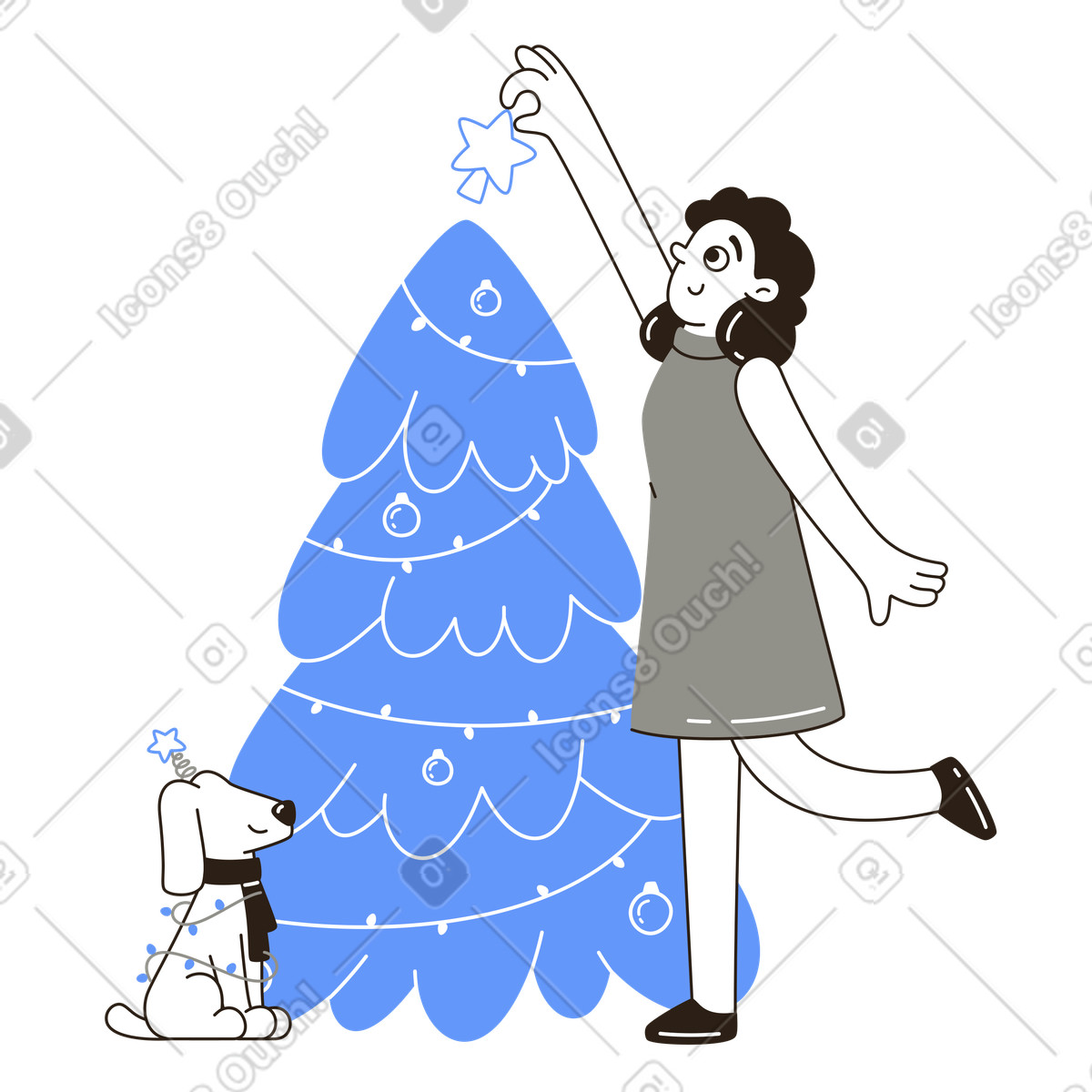 Decorar el árbol de navidad con perro, celebración navideña en casa, momentos acogedores de vacaciones illustration in PNG, SVG