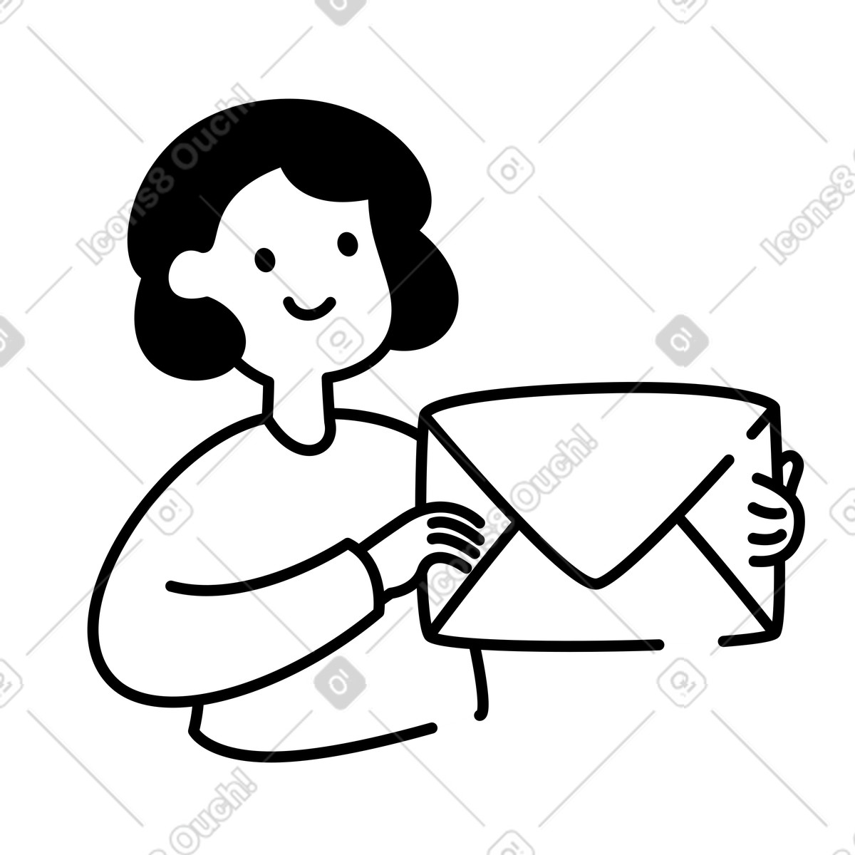 下载 Notion Line Art 风格的 Email notification symbolized by large envelope and happy cartoon character 插画，支持 PNG、SVG 格式