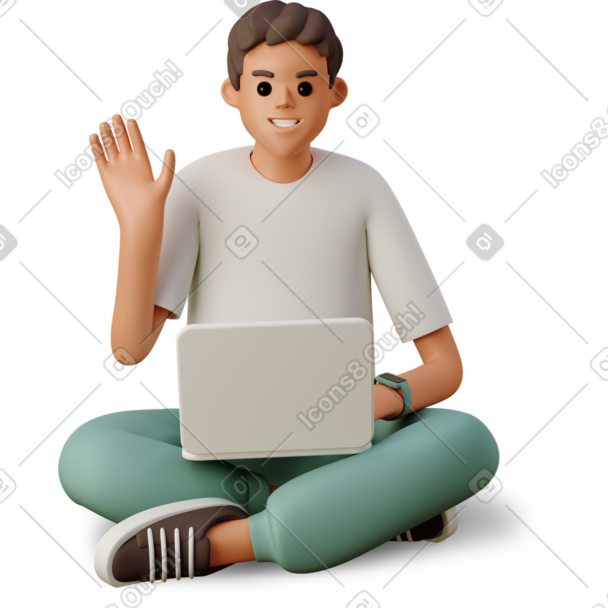 Young man sitting with a laptop and waving his hand-Illustration im 3D Casual life-Stil als Download in PNG, SVG