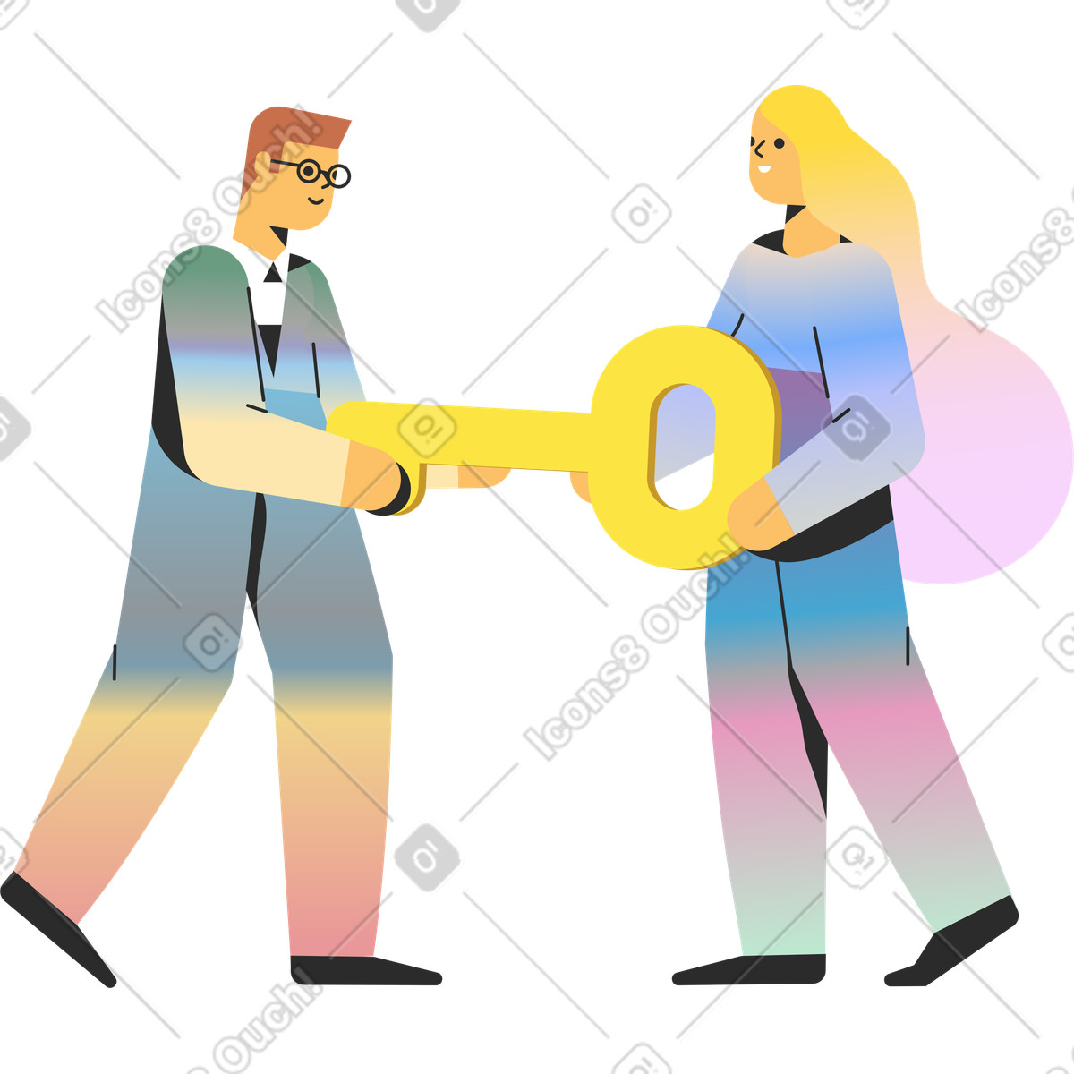 Man and woman holding a key illustration in Marginalia style download in PNG, SVG