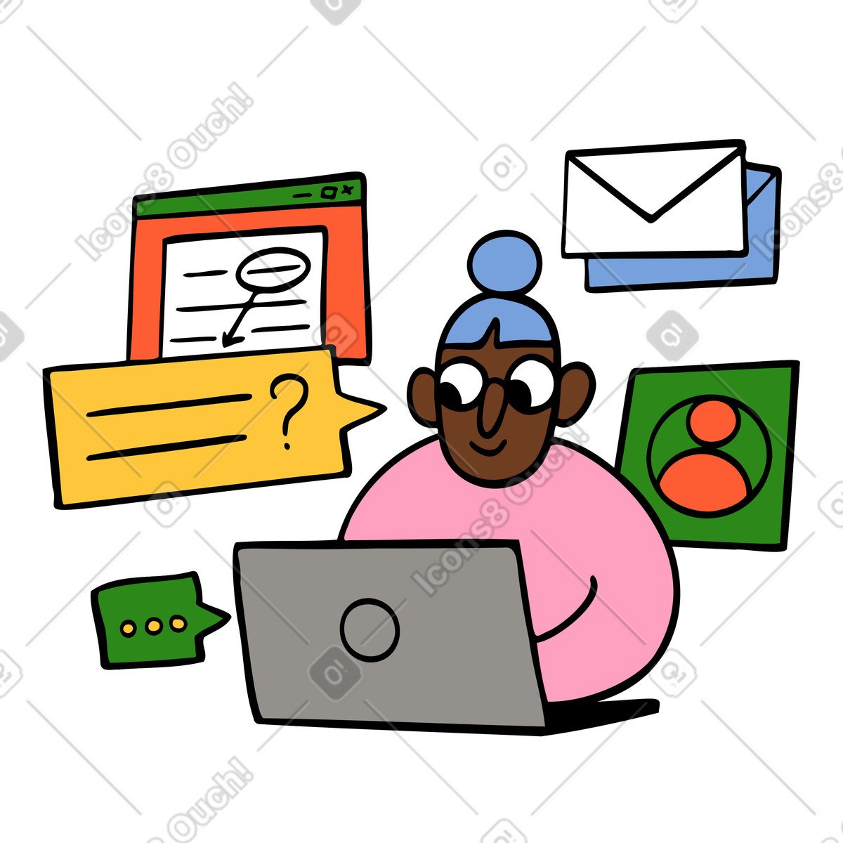 Woman replying to messages and multitasking illustration in PNG, SVG