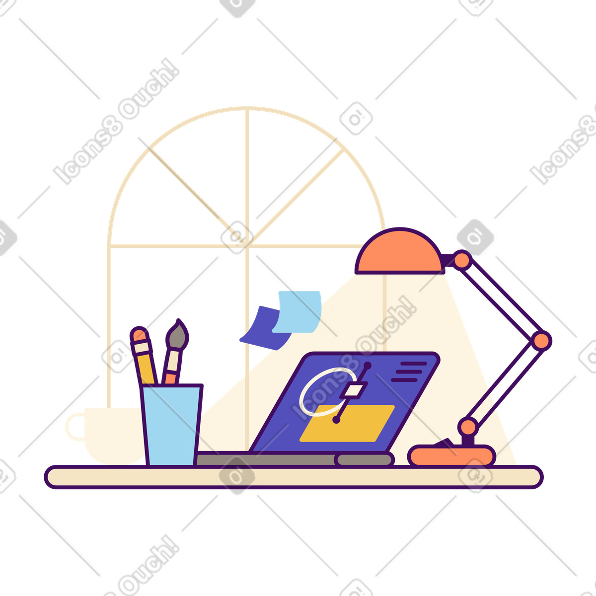 Scrivania di design e area lavoro con computer portatile illustrazione in stile Simplistic scarica in PNG, SVG