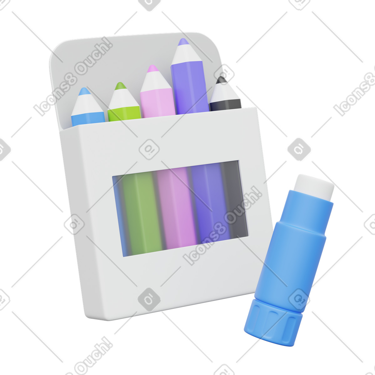 3D Playful スタイルの School art supplies with colored pencils and glue stick のイラストをPNG、SVG形式でダウンロード