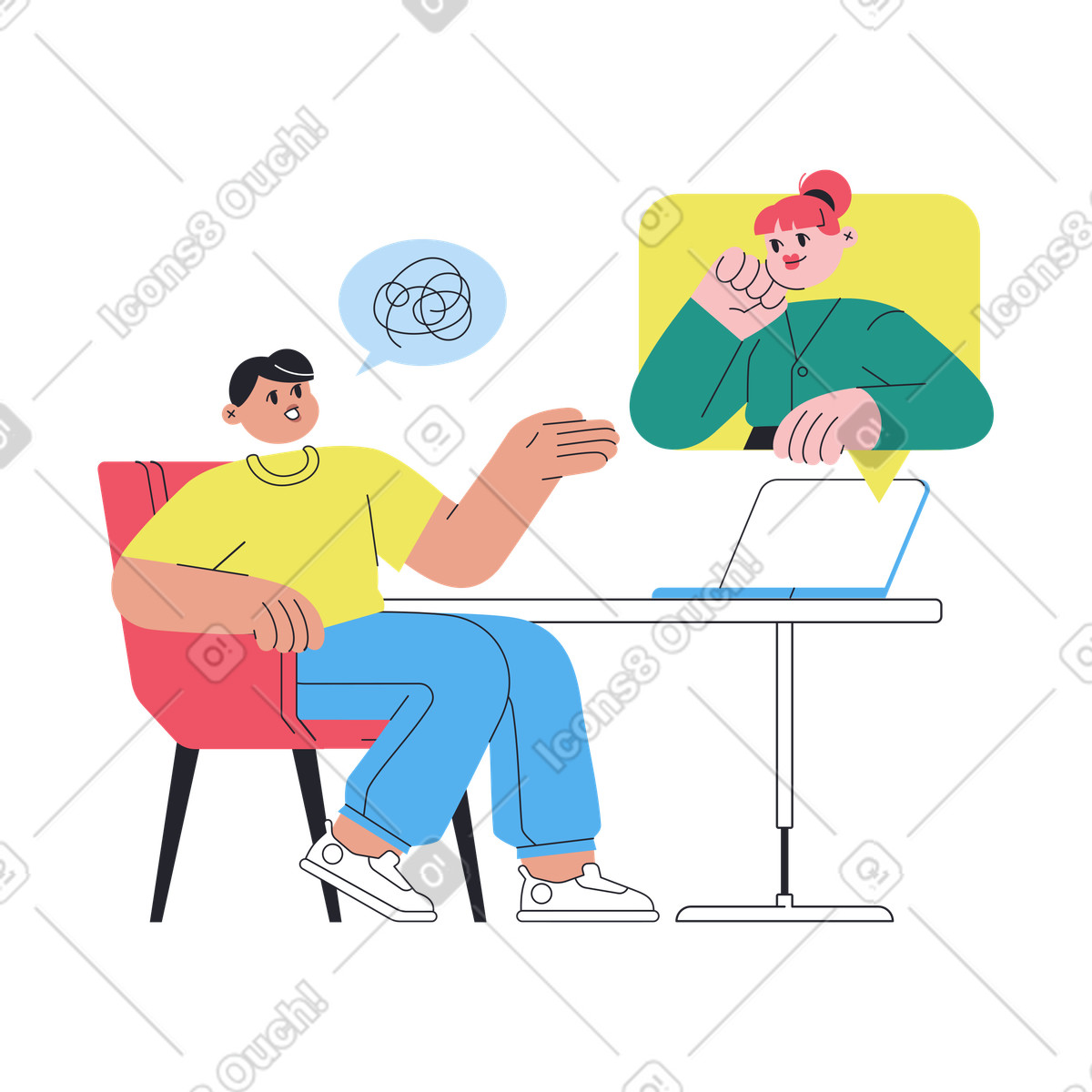 Illustration Online appointment with a psychologist, Remote psychological consultation for mental wellness dans le style Boba à télécharger aux formats PNG, SVG