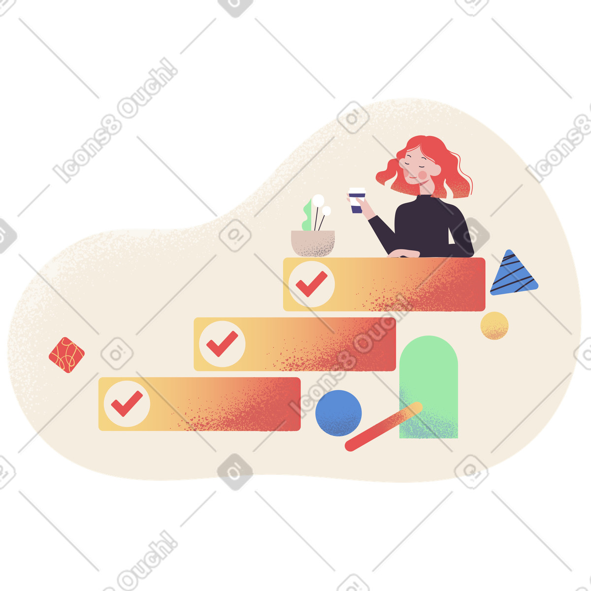 Woman having a coffee break after completing her tasks illustration in Pale style download in PNG, SVG