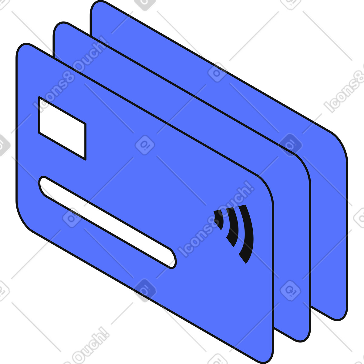 Credit cards stack with contactless payment symbol and chip placeholder-Illustration im Main-Stil als Download in PNG, SVG