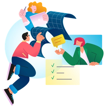 Three people collaborating with digital tools - Colors style illustration