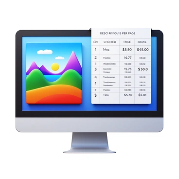A computer screen displaying digital illustrations and a spreadsheet calculating costs per page