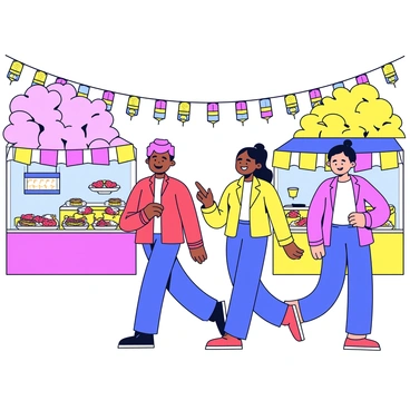 A group of friends walking together at a vibrant cultural festival. The scene is filled with colorful decorations, including bright banners and lanterns hanging from trees. Stalls are set up selling traditional foods, with displays of various dishes that showcase the rich culinary culture. The friends are engaged in conversation, smiling and pointing towards the food, adding to the lively atmosphere of the festival.