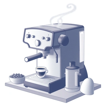 A detailed illustration of a shiny espresso machine in action