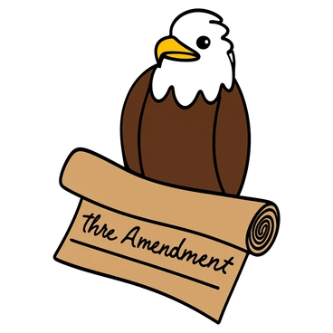 An American eagle with detailed feathers in shades of brown and white is perched majestically on a copy of the Constitution. The eagle's sharp eyes are focused and alert. The Constitution is open, with prominent text showing the Third Amendment clearly visible. The background features a soft, muted color palette to enhance the focus on the eagle and the document, creating a sense of importance and reverence for the historical context.