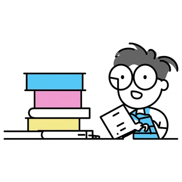 A stack of colorful books, in vibrant shades of blue, red, and yellow, is teetering precariously on a wooden desk. The books are arranged in a haphazard manner, with one book slightly tilted as if it's about to fall. Next to the desk, a whimsical character with oversized round glasses and a big smile stands, gazing curiously at the stack of books. The character has tousled hair and is wearing a striped shirt. The desk has a few scattered paperclips and an open notebook with doodles.