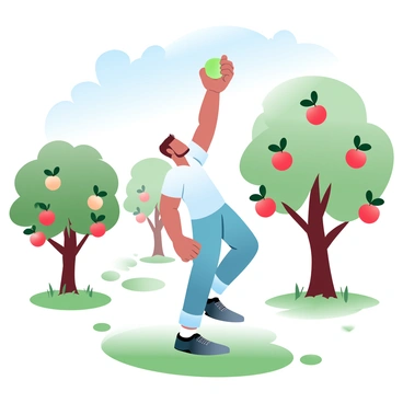 A person wearing a casual shirt and jeans is walking through an orchard filled with various fruit trees. The trees are laden with bright red and green apples hanging from the branches. The person is reaching upwards with one hand, plucking a ripe apple from a tree. The ground is covered in lush grass with a few fallen apples scattered around. In the background, other fruit trees with different colors of fruits can be seen under the clear blue sky.