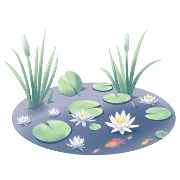A fish pond filled with clear water, surrounded by lush green reeds and vibrant water lilies. The water lilies have broad circular leaves that float on the surface, while delicate white and yellow flowers bloom above the water. The reeds are tall and slender, swaying gently in the breeze. Beneath the surface of the water, colorful fish can be seen swimming among the lily pads. The scene is tranquil and lively, showcasing the natural beauty of the pond's ecosystem.