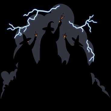 Silhouettes of three witches standing on a rocky hill, outlined against a dark sky illuminated by bright flashes of lightning. Each witch wears a classic pointed hat and a long flowing cloak, their hands raised as if casting spells. The lightning creates dramatic contrasts, highlighting their figures and the swirling clouds around them. The foreground features jagged rocks, while the background is filled with ominous dark clouds.