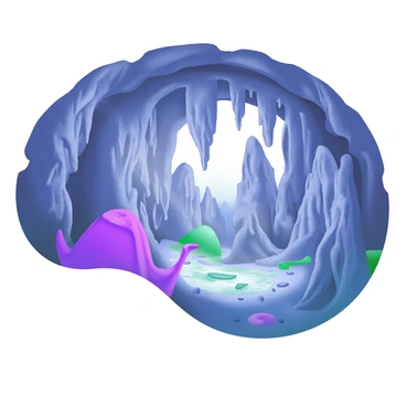 A detailed view of a cave system featuring rugged rock formations. The cave is adorned with numerous "stalactites" hanging from the ceiling, glistening with moisture. Below, "stalagmites" rise from the ground, some merging with the stalactites to create dramatic columns. Dim light filters into the cave, casting shadows and highlighting the textures of the rocks. The floor is uneven, covered with small pebbles and patches of water reflecting the faint light. The atmosphere is still, with hints of cool mist swirling around the formations.