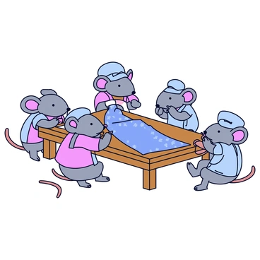 A group of small grey mice wearing miniature aprons and little hats, working diligently at a wooden table. Each mouse holds tiny sewing tools, such as a needle and thread, and pieces of fabric in pastel colors. They are assembling Cendrillon's elegant dress, which is made of shimmering blue fabric. Some mice are focused on stitching while others are measuring the fabric with a tiny ruler. The scene captures a sense of teamwork and creativity as the mice collaborate on the intricate details of the dress.