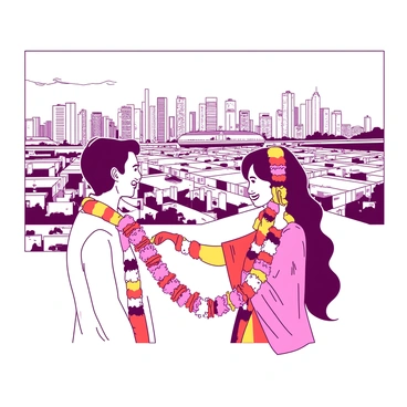 A couple is exchanging vibrant garlands in the foreground. The man is wearing a light-colored shirt, and the woman is dressed in a flowing, colorful traditional outfit. The garlands are made of various flowers, showcasing an array of bright colors. In the background, a sprawling cityscape with tall buildings and busy streets stretches across the horizon. The sky is clear and expansive, emphasizing the lively atmosphere of the city. The couple's joyful expressions and the dynamic city environment create a sense of celebration.