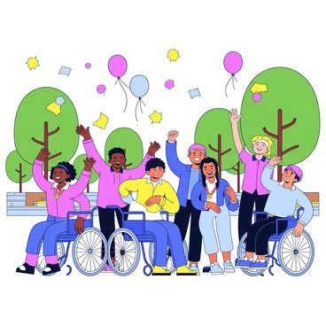 A group of Paralympic athletes is celebrating their victory in a vibrant Paris park. The athletes are diverse in gender and ethnicity, showcasing a variety of sports equipment, such as wheelchairs and prosthetics. They are smiling and raising their arms in triumph, surrounded by colorful balloons and confetti falling from the sky. In the background, iconic trees and benches of the park provide a lush green setting. The atmosphere is joyful, with some athletes sharing hugs and others holding medals, all radiating happiness and pride in their achievements.