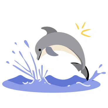 A playful dolphin with a glossy gray body is leaping out of the vibrant blue ocean. The dolphin's fins are extended, showcasing its agility, while water droplets are flying in all directions, creating a big splash around it. The sunlight reflects off the waves, adding a glimmering effect to the scene. In the background, gentle rolling waves complement the dynamic motion of the dolphin.