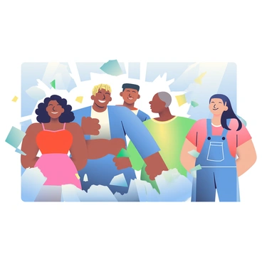 A group of five people with different skin tones and hairstyles is depicted breaking through a transparent glass barrier. The individuals include a woman with curly black hair wearing a red dress, a man with straight brown hair in a blue suit, a woman with braided blonde hair dressed in a green top, a man with a shaved head in a yellow t-shirt, and a person with long, straight dark hair wearing denim overalls. Their expressions show determination and strength as shards of glass fly around them, catching the light. The scene captures the moment of breakthrough, emphasizing unity and resilience against the barrier.