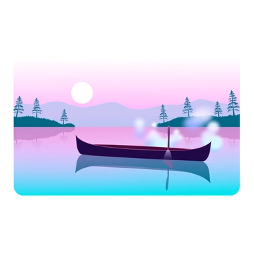 A lone canoe gliding silently across a lake's smooth surface as the sun rises on the horizon. The canoe is simple and wooden, with a single paddler using a double-bladed paddle. The water reflects the soft hues of the early morning sky, with shades of orange, pink, and purple blending together. Mist rises gently from the lake, adding a touch of mystery to the scene. Surrounding the lake, there are silhouettes of distant trees, casting long shadows on the water. The atmosphere is tranquil, evoking a sense of peace and solitude.
