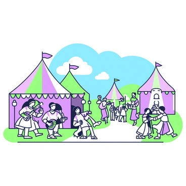 A bustling renaissance fair scene unfolds in the foreground. Vibrant tents are set up, adorned with banners and decorations. A group of musicians, consisting of a lute player and a flutist, are positioned on the left, passionately performing. To the right, several dancers twirl and leap in colorful costumes, their expressions filled with joy. In the background, visitors stroll between the booths, examining handcrafted goods and sampling food. A vivid blue sky fills the scene, with a few fluffy clouds adding to the festive atmosphere.