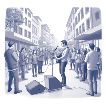 A bustling street in Grenoble's city center filled with people gathered to enjoy a live music performance. A musician, dressed in casual attire, is playing an acoustic guitar and singing into a microphone on a small makeshift stage. Surrounding the performer, a diverse crowd of men, women, and children are engaged, some clapping along to the rhythm, while others are capturing the moment with their smartphones. Brightly decorated shopfronts line the street, and a few trees can be seen providing shade. The atmosphere is energetic and vibrant, showcasing a community coming together for the joy of music.