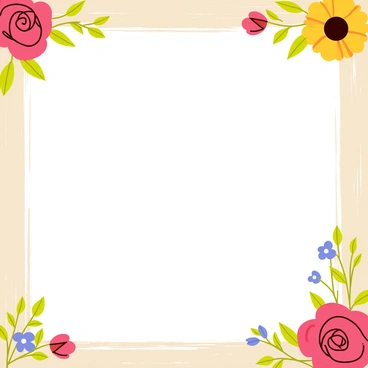 A charming hand-painted border featuring a variety of garden flowers including red roses, yellow sunflowers, and blue forget-me-nots. The flowers are arranged in a lively pattern along the edges. The background is a textured, rustic surface with a light brown color that enhances the vibrancy of the flowers. The overall composition creates a warm and inviting atmosphere.