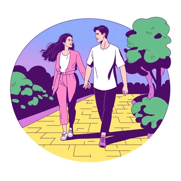 A couple is strolling hand-in-hand on a yellow brick road. The bricks are illuminated by the soft light of the twilight sky. The couple consists of a man and a woman, both dressed in casual clothing, enjoying their walk. The woman has long hair flowing gently in the breeze, and the man has a slight smile on his face. Surrounding the road are lush green trees, their leaves faintly visible in the dim light. The horizon shows hints of purple and blue as the day transitions into night.