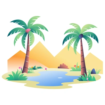 A tranquil oasis in the desert features tall green palm trees with feathery fronds swaying gently in the breeze. In the center, there is a small pond with clear blue water reflecting the sky. Surrounding the pond, vibrant green grass and colorful flowers add contrast to the sandy desert landscape. The background is filled with golden sand dunes rising gently, with a few scattered rocky outcrops visible in the distance.