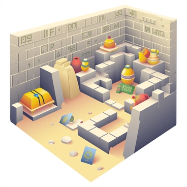 An underground labyrinth is located within a pyramid, featuring walls made of aged stone with intricate hieroglyphics inscribed on them. The pathway is narrow and winding, leading to various chambers filled with ancient artifacts. One chamber contains a golden sarcophagus, adorned with jewels that glimmer faintly in the dim light. Another area showcases a collection of clay pots, each painted with vibrant, intricate designs. Scattered throughout the labyrinth are stone tablets, some standing upright while others lie partially buried in sand. The atmosphere is thick with mystery, as shadows dance across the walls, revealing glimpses of history long forgotten.