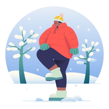 A person with medium skin is performing high knees in a snowy landscape. They are wearing a bright red puffer jacket, black thermal leggings, and sturdy winter boots. A knitted hat with a pom-pom is perched on their head, and they have gloves on their hands. Snow-covered trees with white branches surround them, contrasting against the clear blue sky above. The ground is blanketed in fresh, untouched snow, and small snowflakes are gently falling around the person as they exercise.